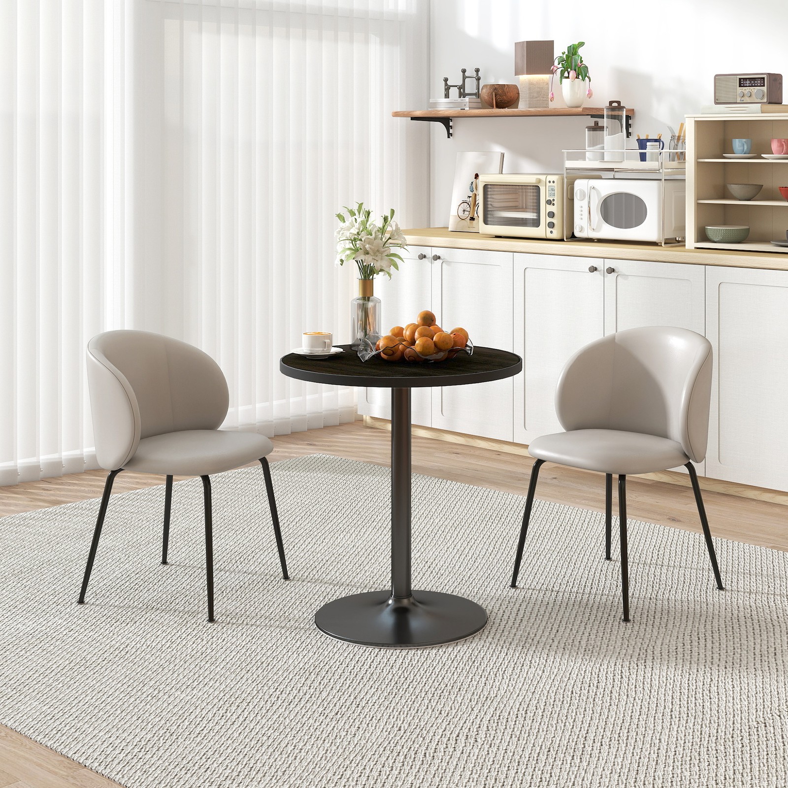 Round Outdoor Dining Table Black Wood Grain MDF Top 27.6 Inch Patio Garden