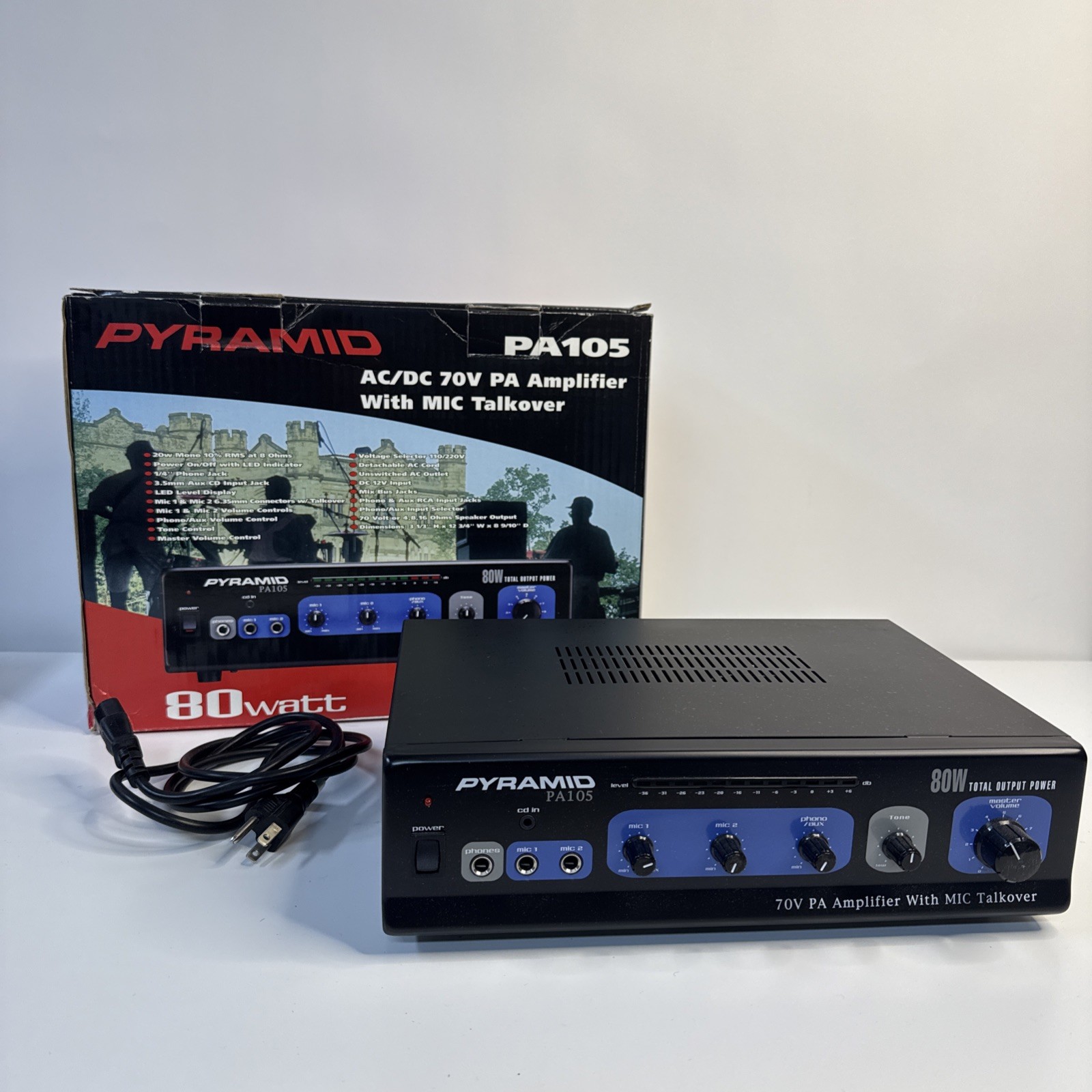 Pyramid PA105, 80W AC/DC 70V PA Amplifier with MIC Talkover with Cord & Box