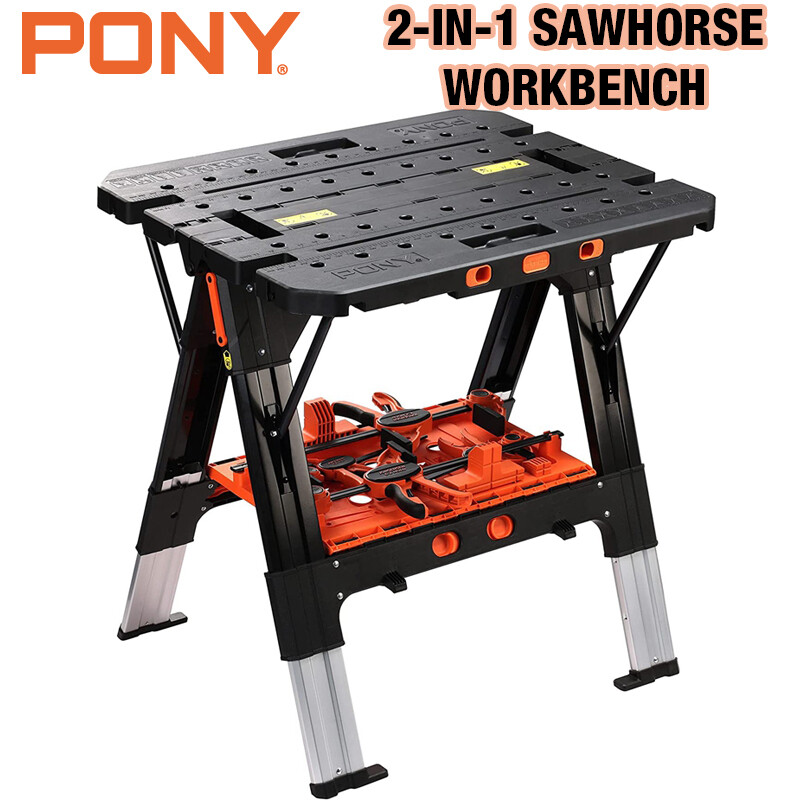 Pony 2-in-1 Work Bench Portable with 4pc Clamp 4pc Bench Dog, 2pc Safety Strap