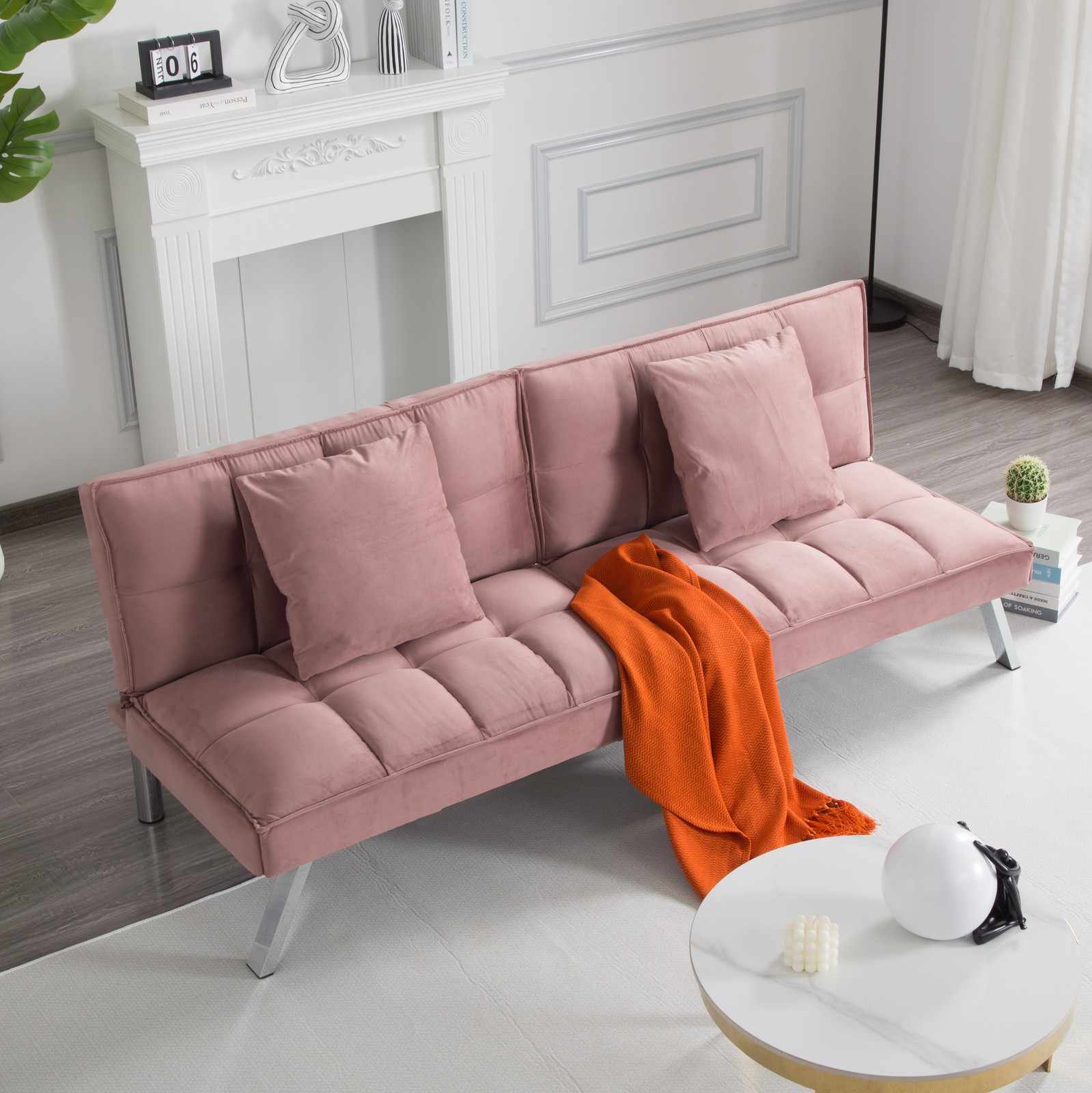 67.7" Velvet Futon Sofa Bed Twin Sleeper w/ 5-Position Adjustable Back 2 Pillows