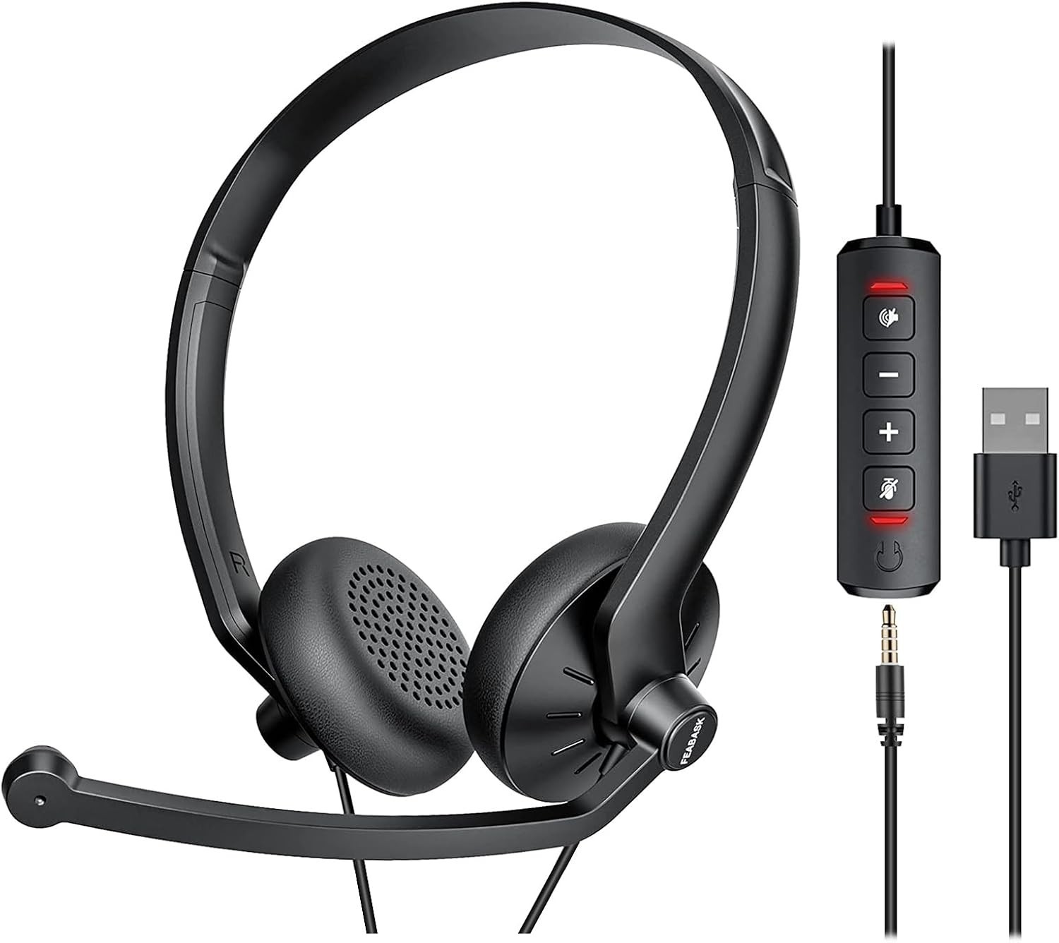 FEABASK EH07 Noise-Cancelling Computer USB & 3.5mm Headset  w/ Boom Mic - Black