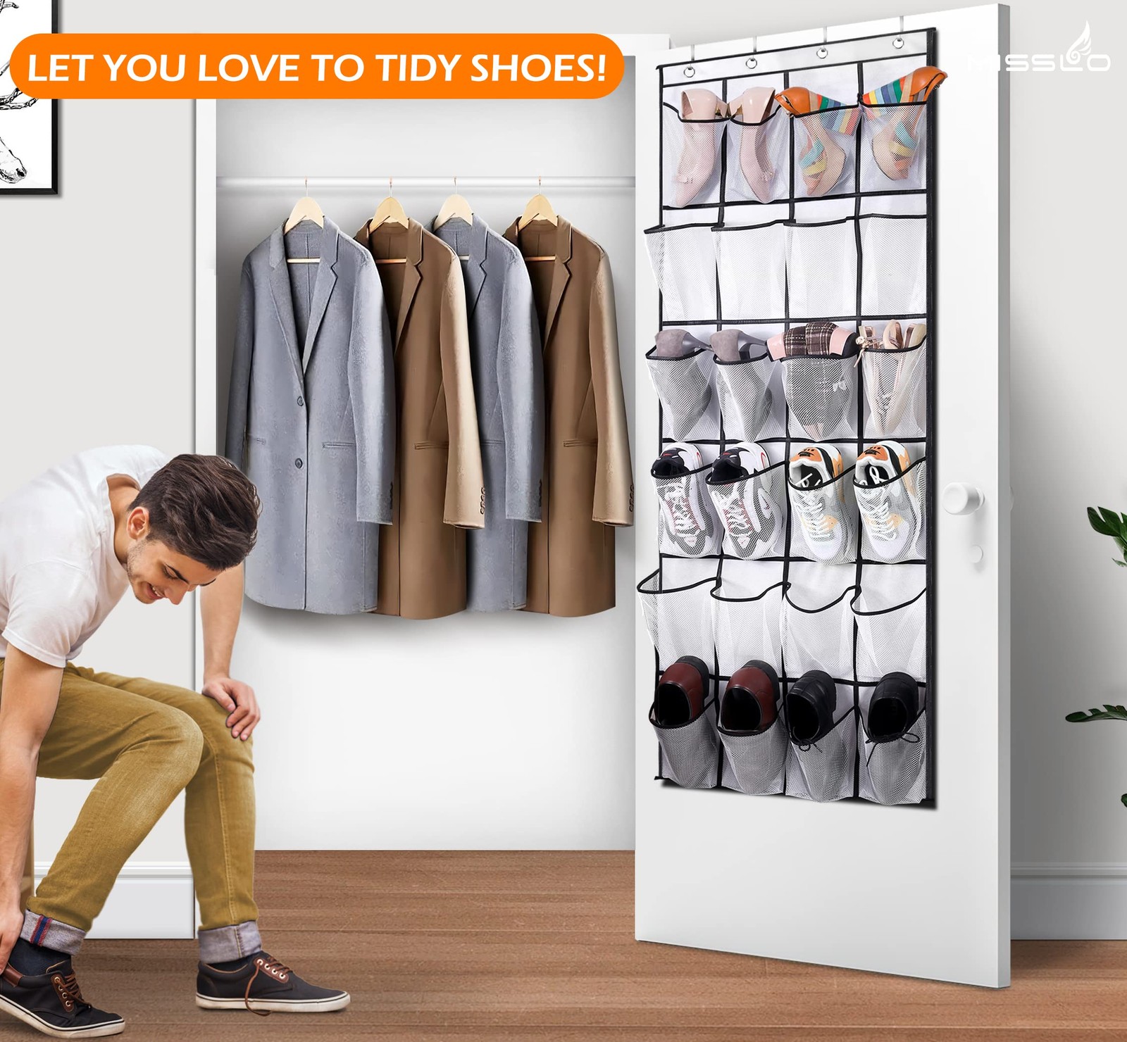 Over The Door Shoe Organizer 24 Large Mesh Pockets, White