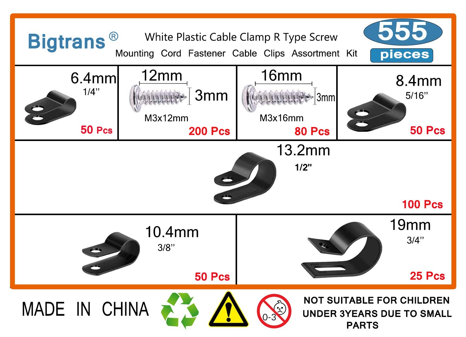555 PCS Black Nylon Plastic RType Wire Clips With Screws Fastener Assortment