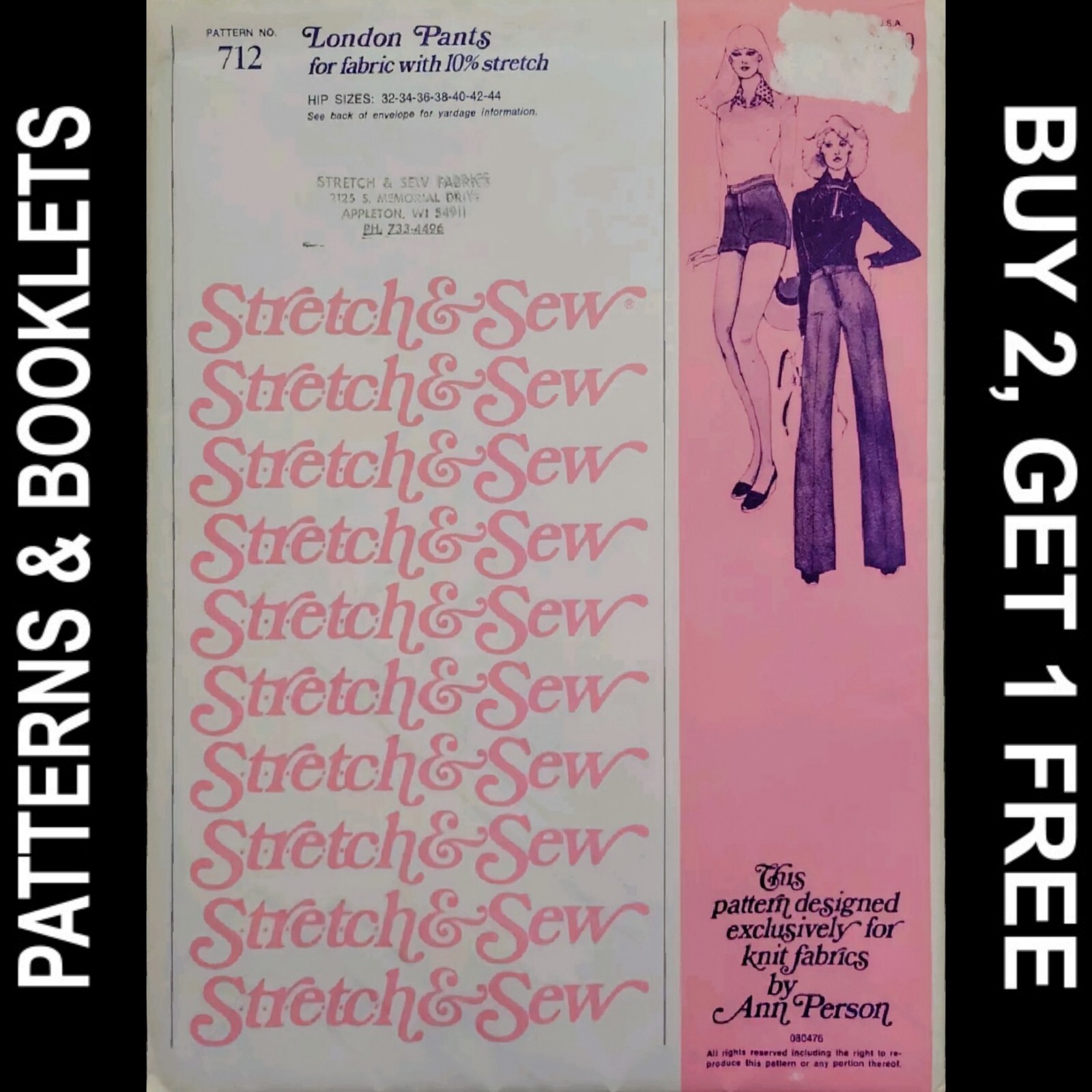 Vintage Stretch & Sew London Pants Pattern #712 Hip Sizes 32-44 UNCUT