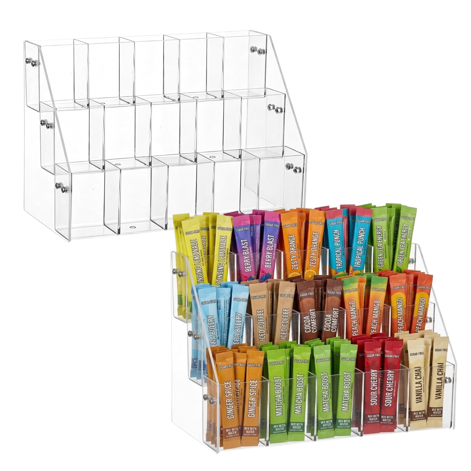 2 Pack Drink Packet Organizer with 30 Compartments, 3-Tier Water Packet Organ...