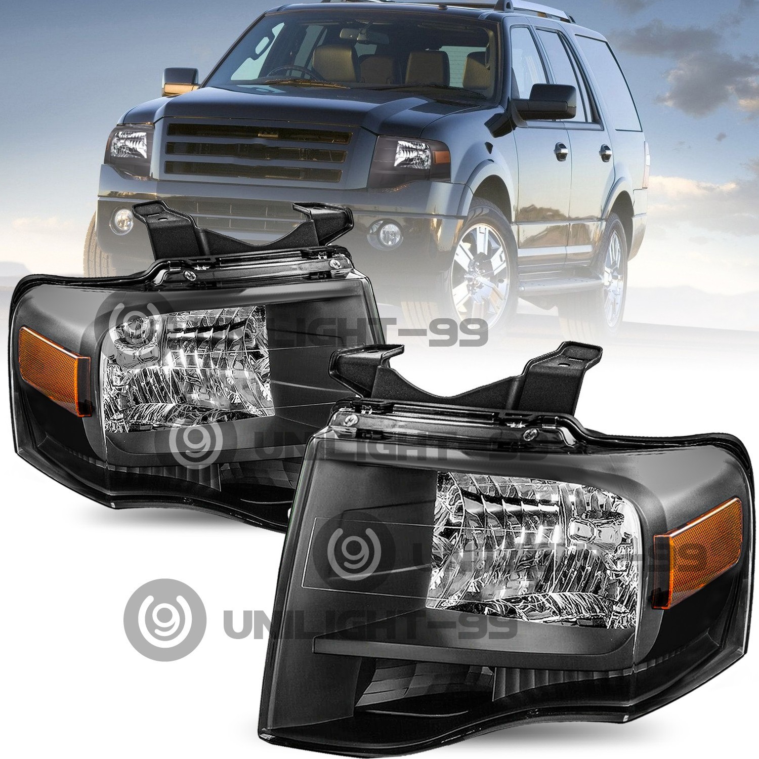 For 2007-2014 Ford Expedition Headlights Black Amber Corner Headlights Assembly