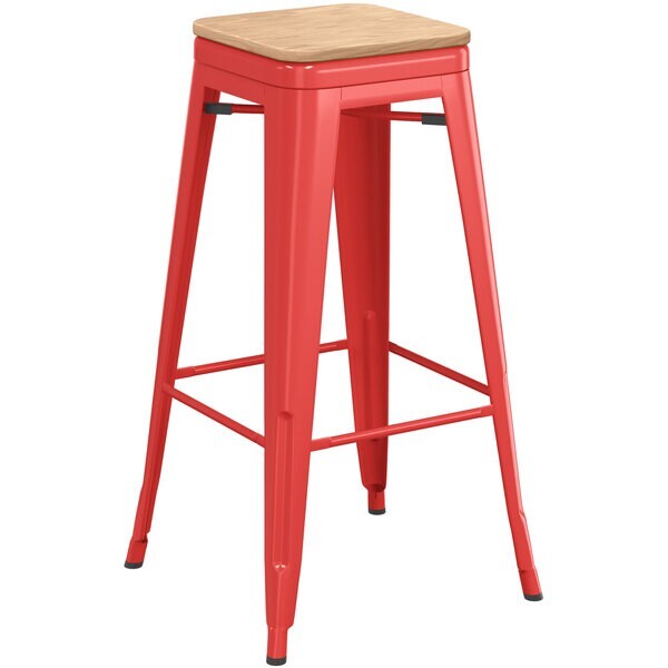 4 PACK Natural Wood Seats For Cafe Style Metal Restaurant Barstool Chairs