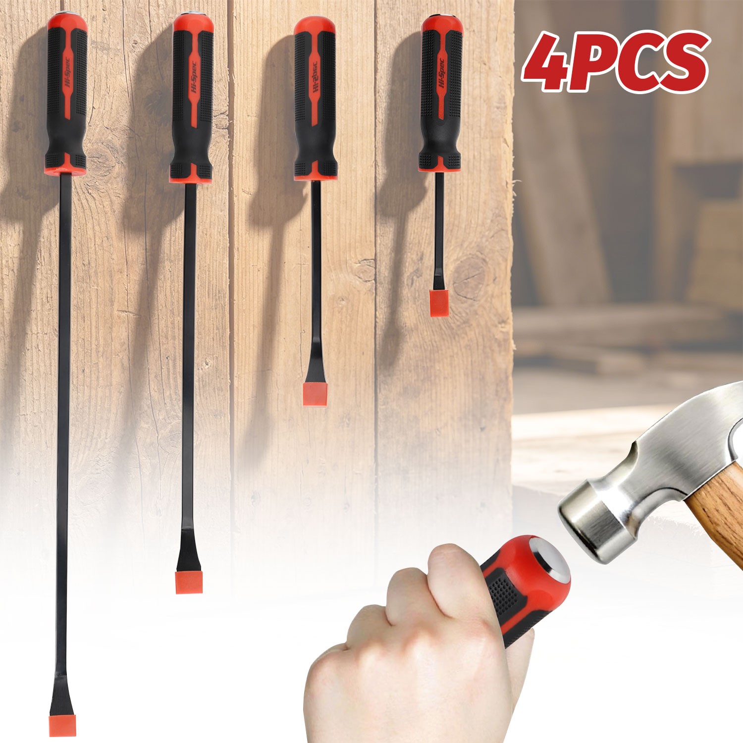 4Pcs USA Hard Cap Straight Pry Bar Set w/ 8", 12",18" & 24" Heavy Duty Pry Bars
