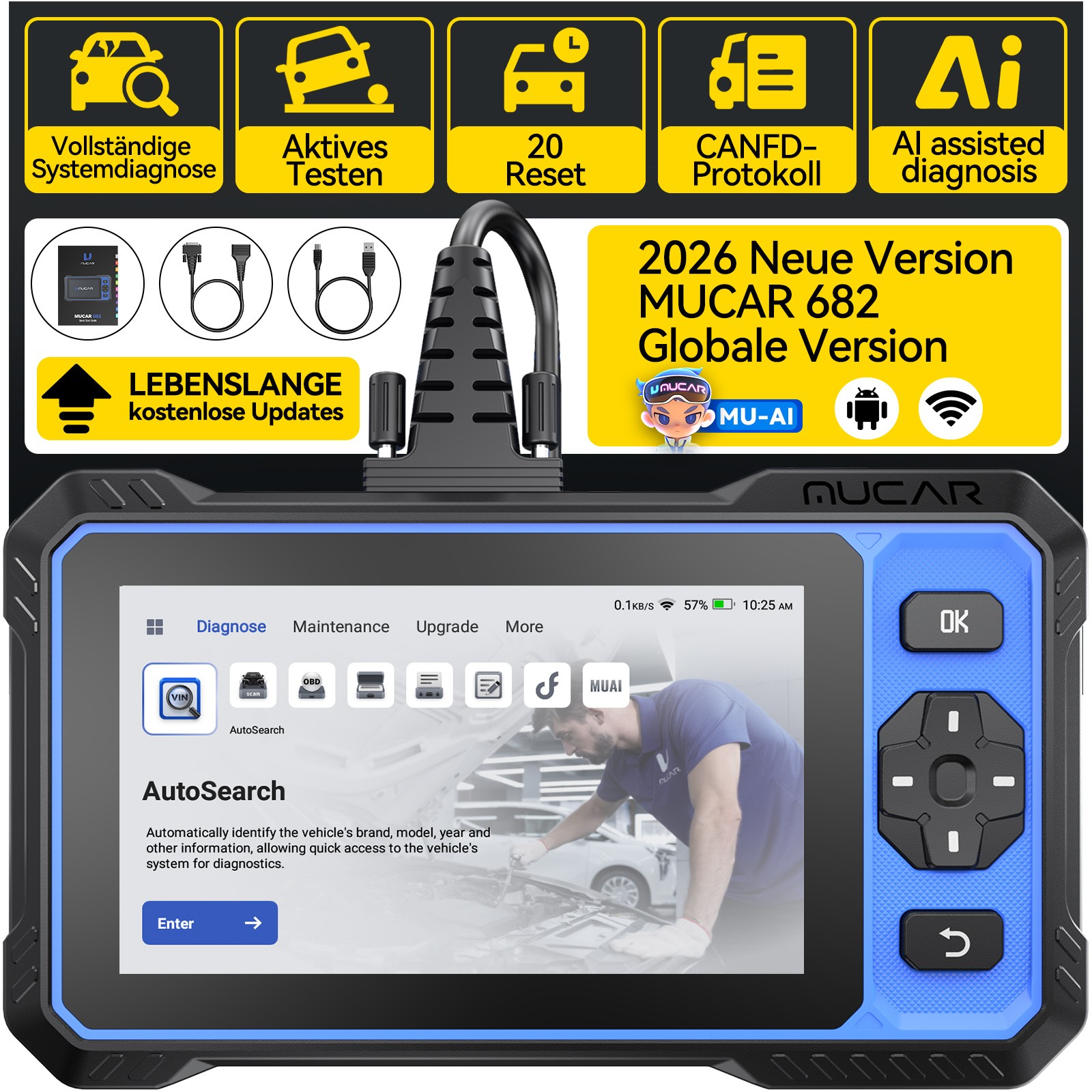 MUCAR 682 NEW Car Diagnostic OBD2 Scanner Full System 20+ Services Bidirectional