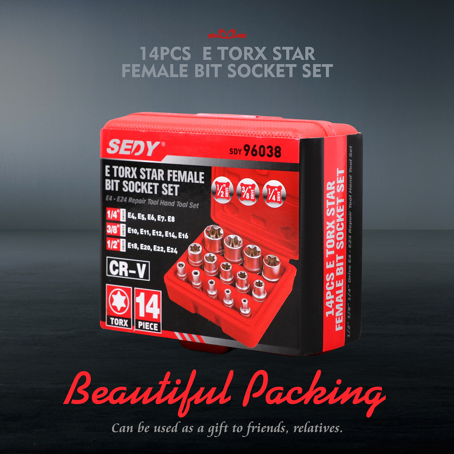 14 Pcs E Torx Star Female Bit Socket Set 1/2" 3/8" 1/4" Drive E4 -E24 with Case