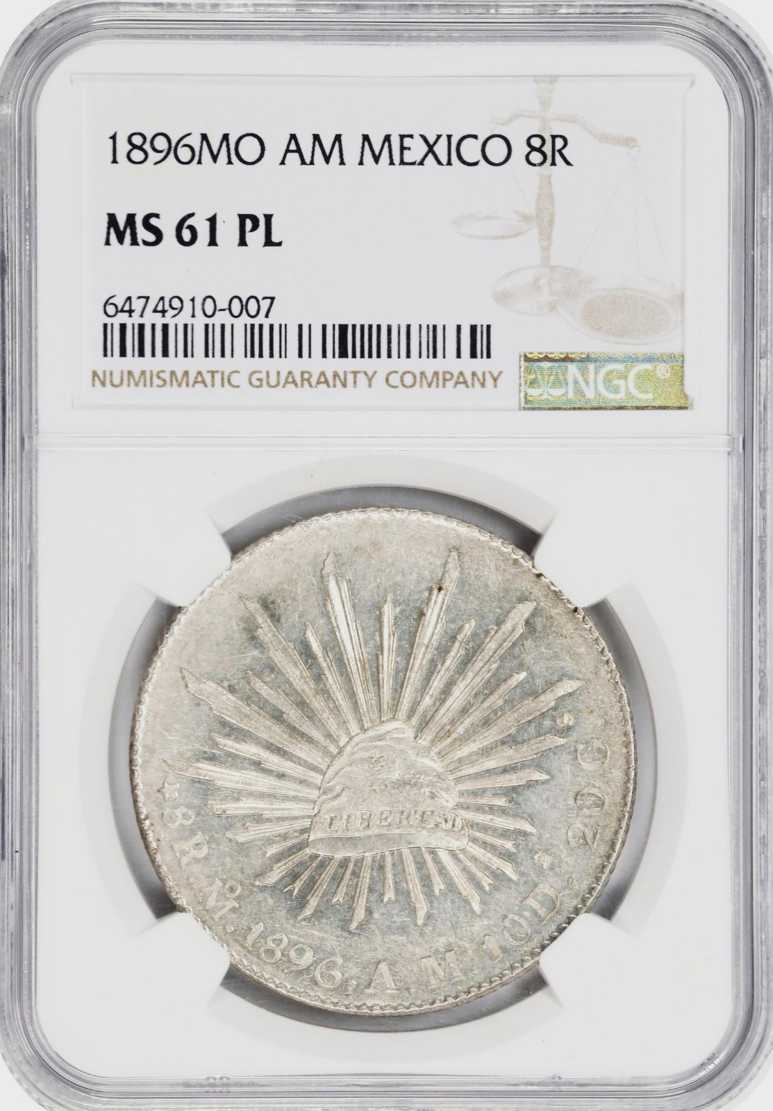 Mexico: 8 Reales 1896-Mo AM Mexico City, NGC MS-61 Proof-like! Nice PQ Coin!