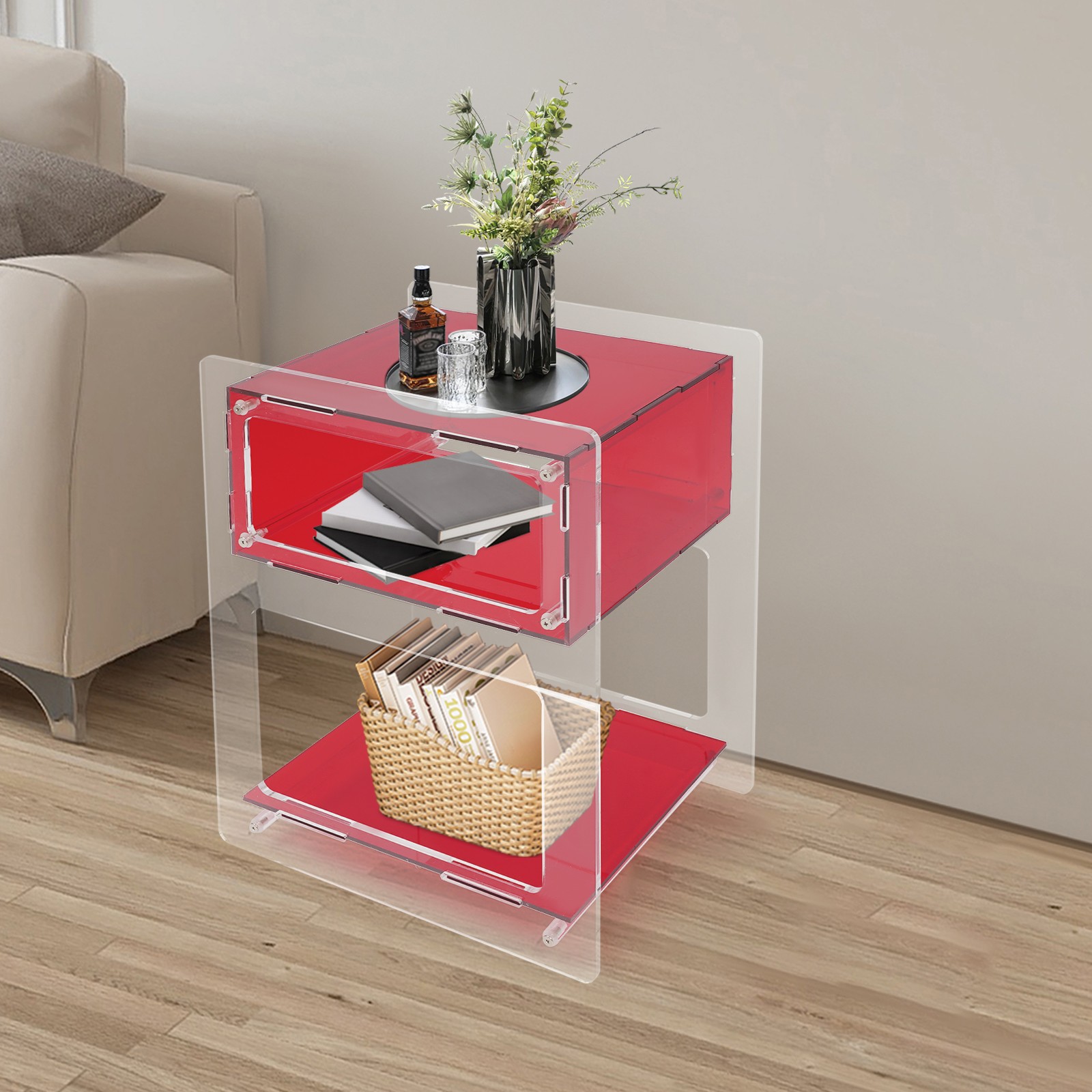 Free Standing Acrylic Side Table Acrylic Nightstand Rectangle Storage Shelf