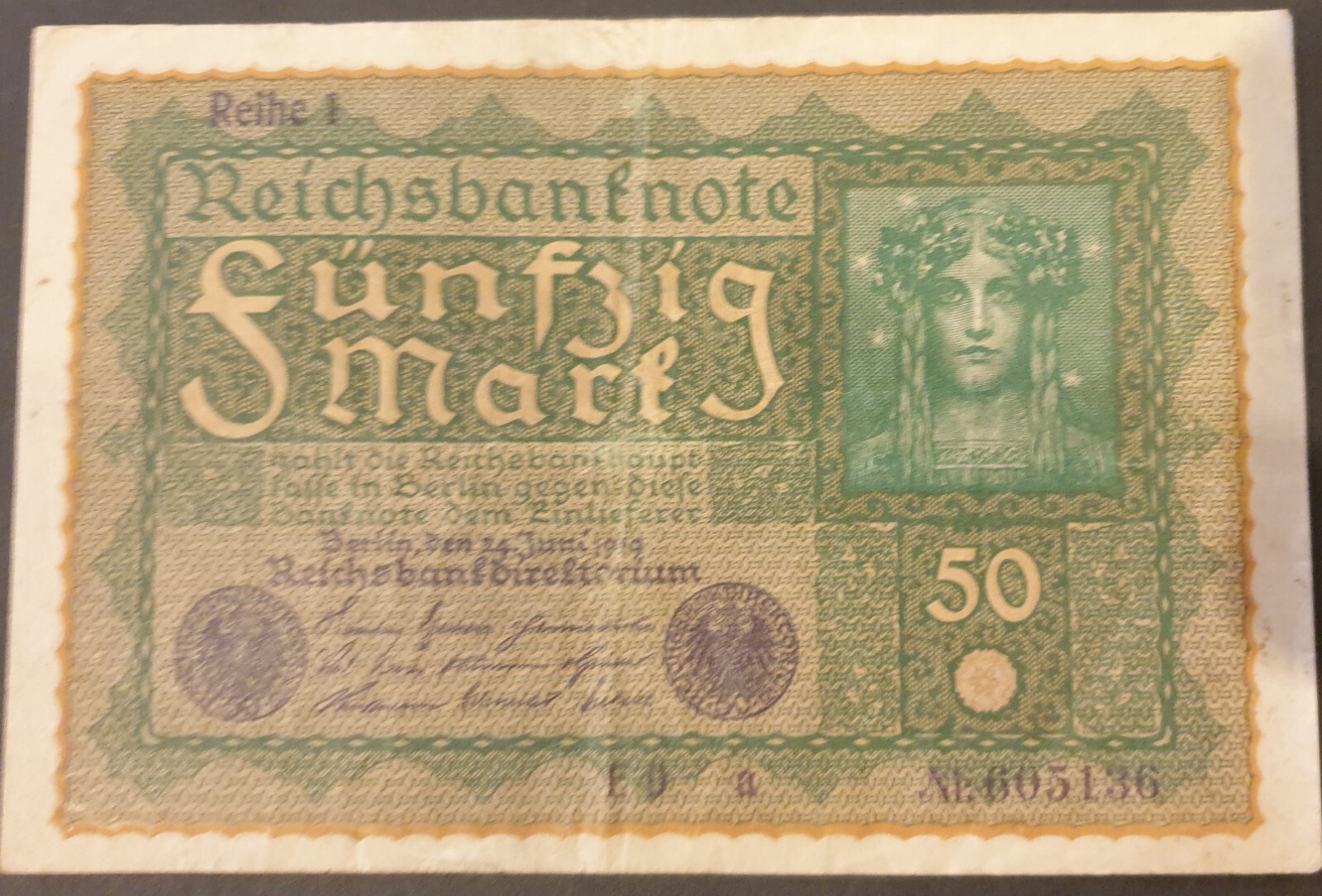 Banknote - 1919 Germany 50 Marks P#66 605136, Reihe 1, "Ideal Woman" (obv)