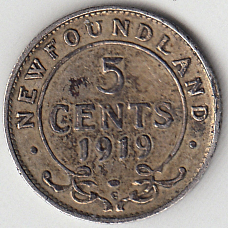 1919 C Canada Newfoundland 5 Five Cent Coin GEORGE V .925 Silver  KM#13 KEY DATE
