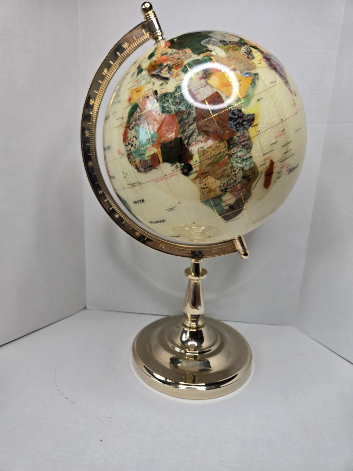 Stone Inlay Globe Semi Precious Gems Atlas Gold Spinning BIG 24" Tall White