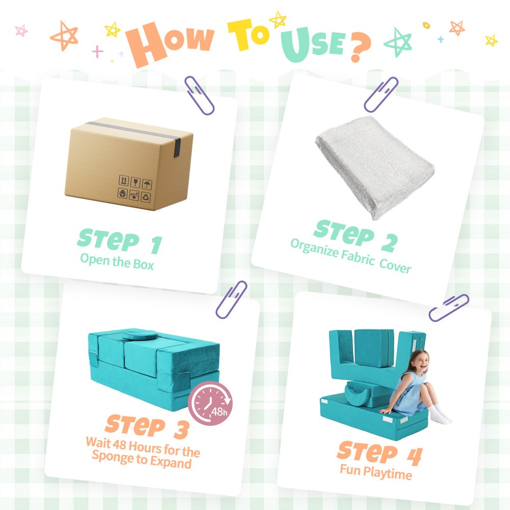 Kids Modular Play Couch, Foldable Velvet Foam Sofa & Convertible Toddler Fort
