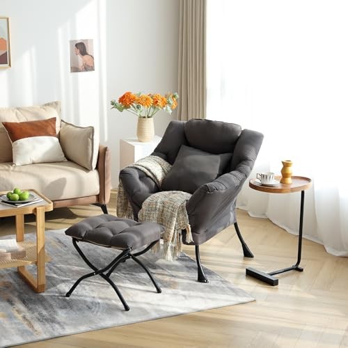 Lazy Chair with Ottoman, Comfy Reading Lounge Chair Dark Grey-same Color Pillow