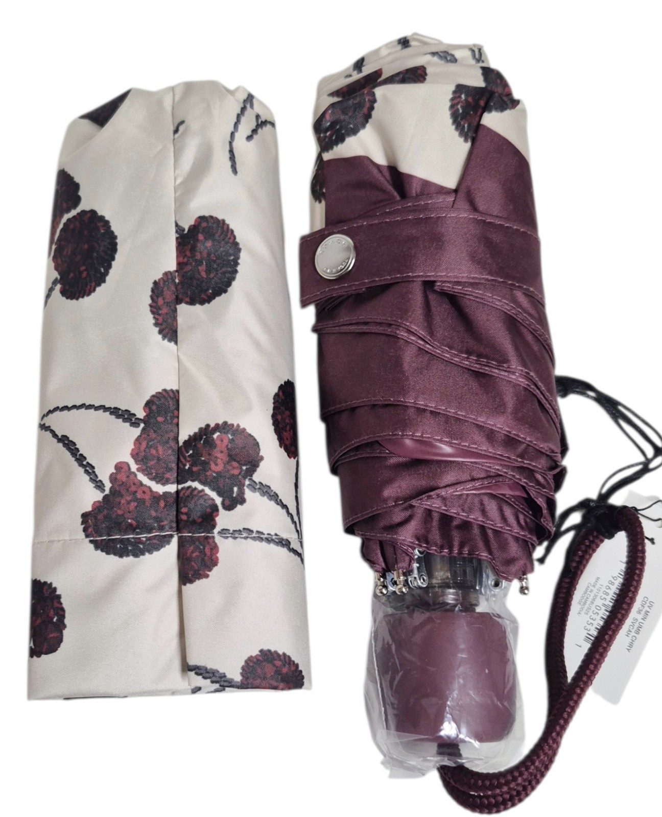 Coach UV Protection Mini Umbrella with Cherry Print Silver Chalk Multi CDF36 NWT