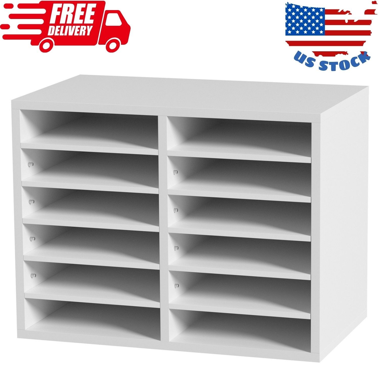 Wood Literature 12 Compartments Organizer Adjustable File Sorter White