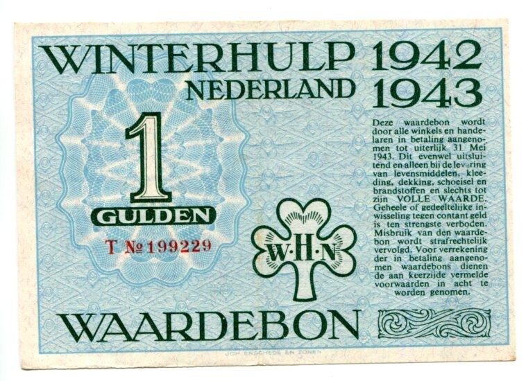 WHW Netherlands WWII Winterhulp WHN Winter Help 1 Gulden 1942-43 ISSUED Prefix T
