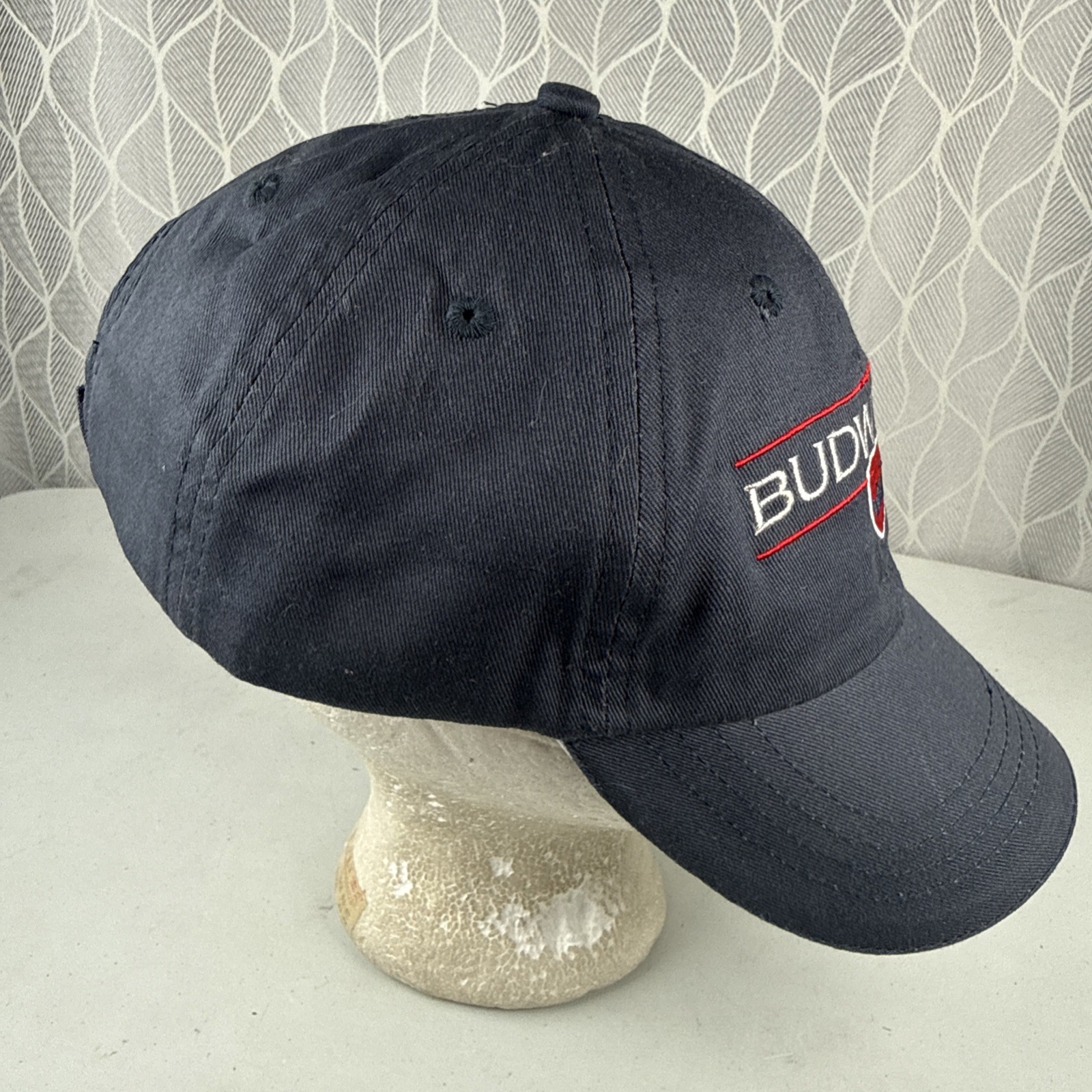 BUDWEISER White Red Shield Logo on Navy Hat Cap Cotton Hook Loop White Bill Edge