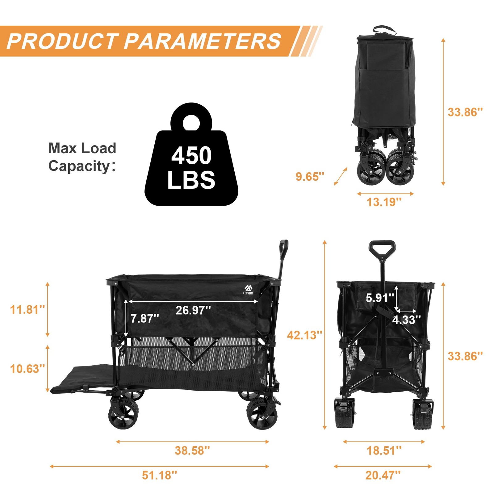 Elevon Collapsible Foldable Wagon, Grocery Beach Cart Large Capacity 450LBS