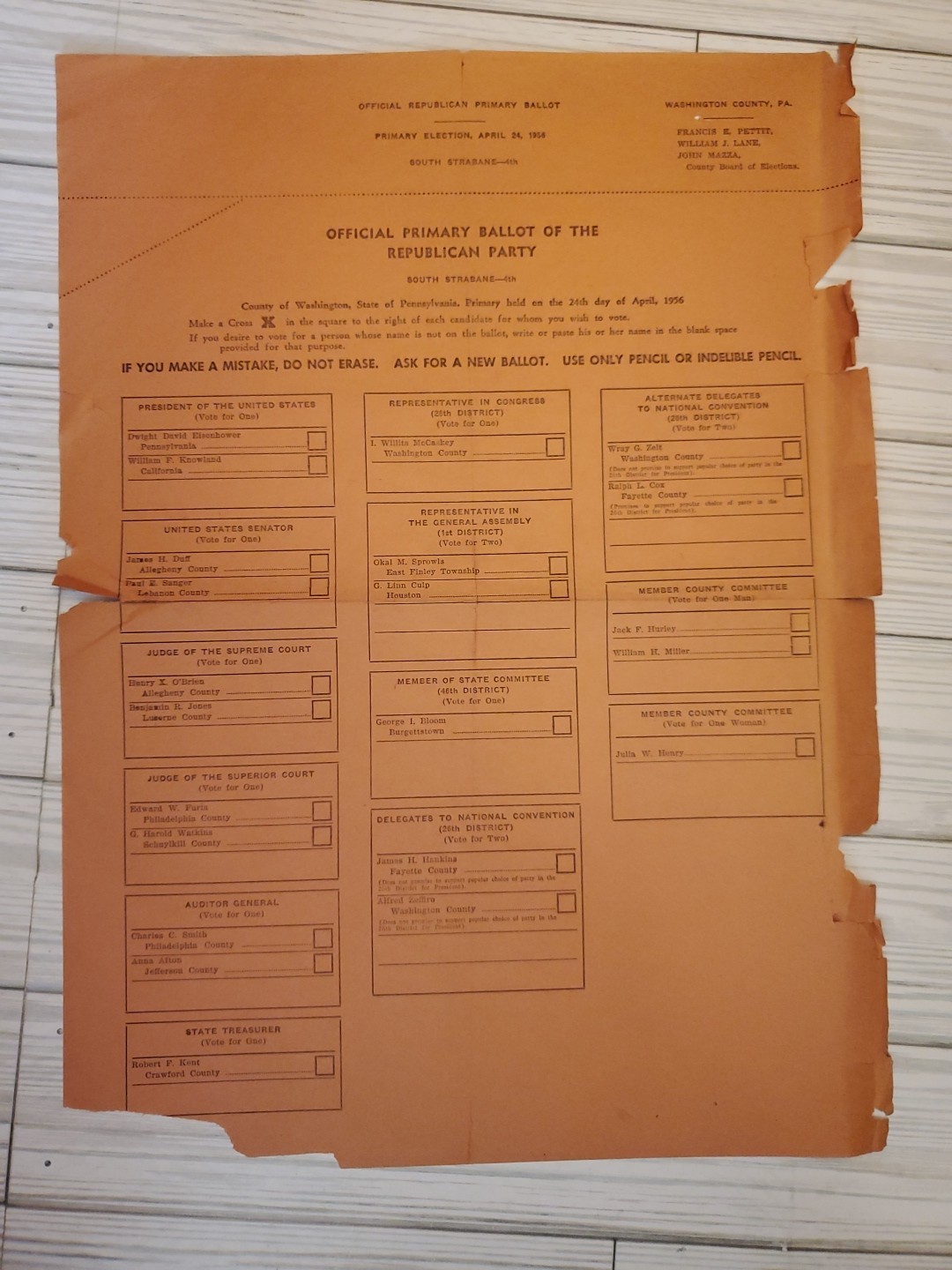 1958 Ballot Republican Party President Dwight D Eisenhower Washington Co PA