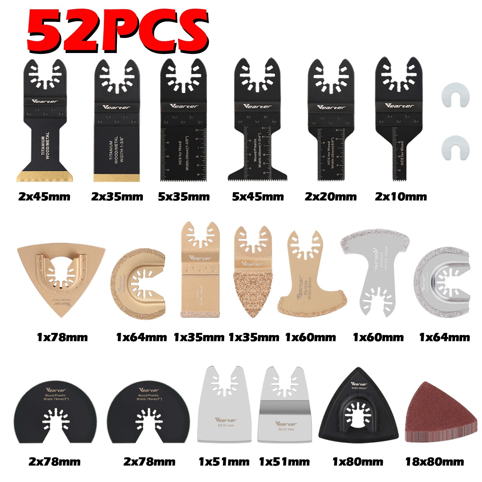 Vearter 52Pcs Oscillating Multi Tool saw blades Set for Wood Metal
