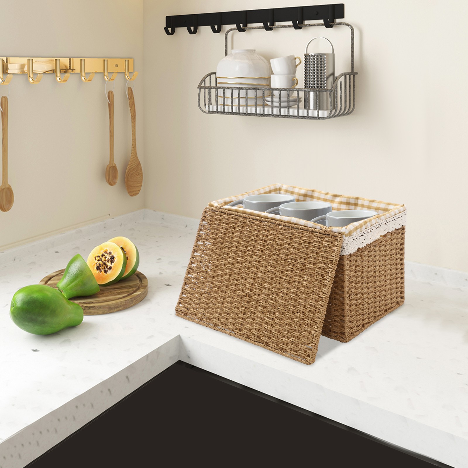 4pcs Large Rope-woven Storage Baskets Boxes Stackable Organizor Bins W/ Liner