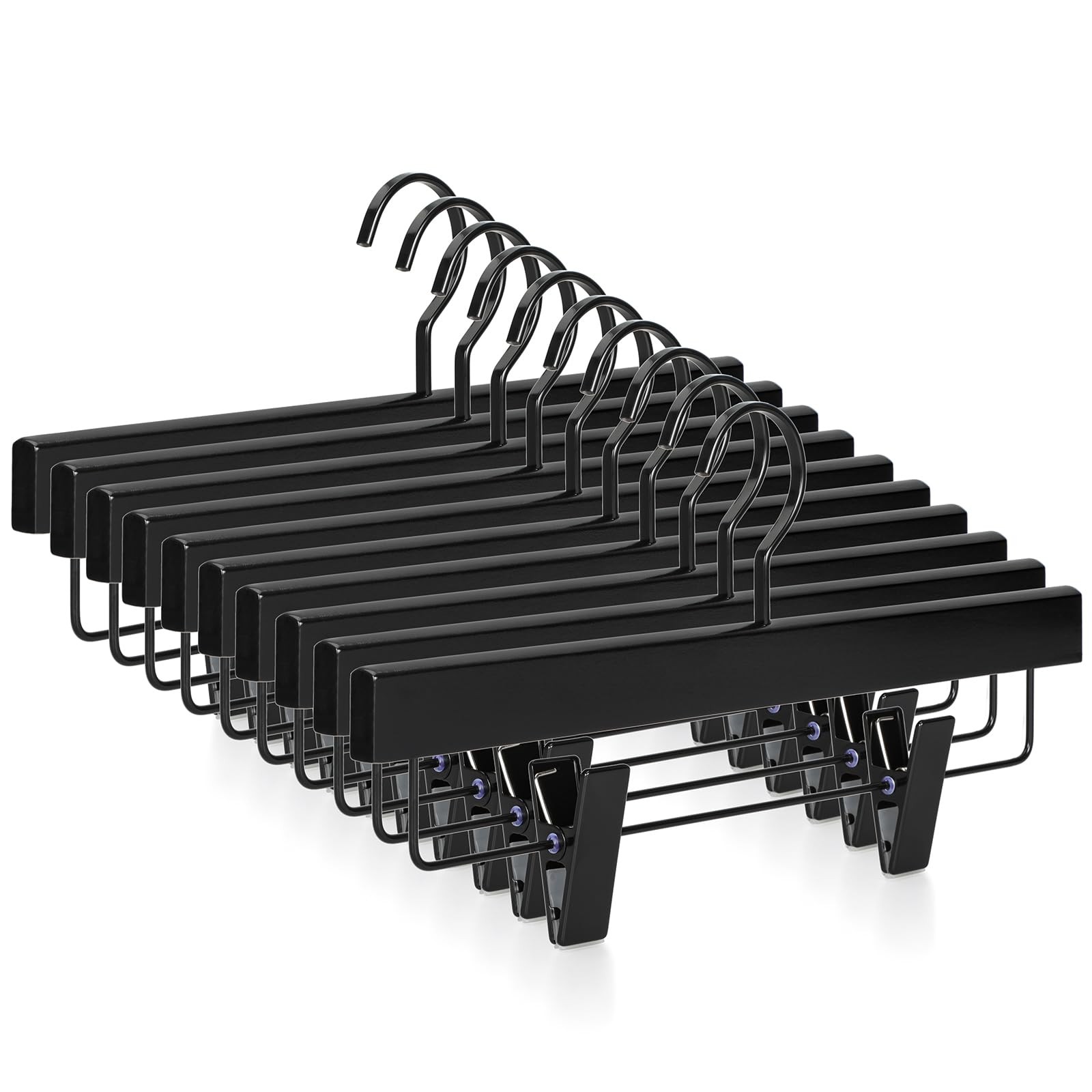 Black Wooden Pants Hangers, Wood Skirt Hangers with Clips, Deluxe Jeans Hange...