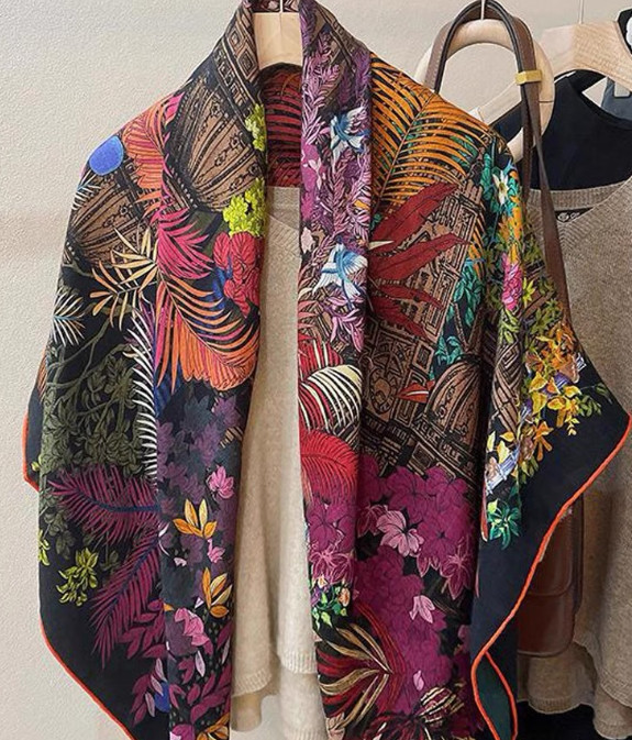 70% Cashmere 30% Silk Bandana Scarf 53'' garden Print Shawl Neckerchief wrap new