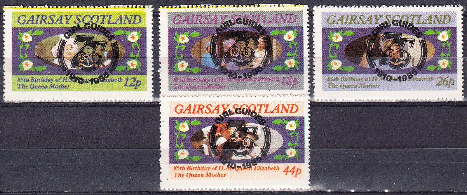 W GAIRSAY ST 001-4 GIRL GUIDES BLACK OVPT ON QUEEN ELIZABETH PERF SET