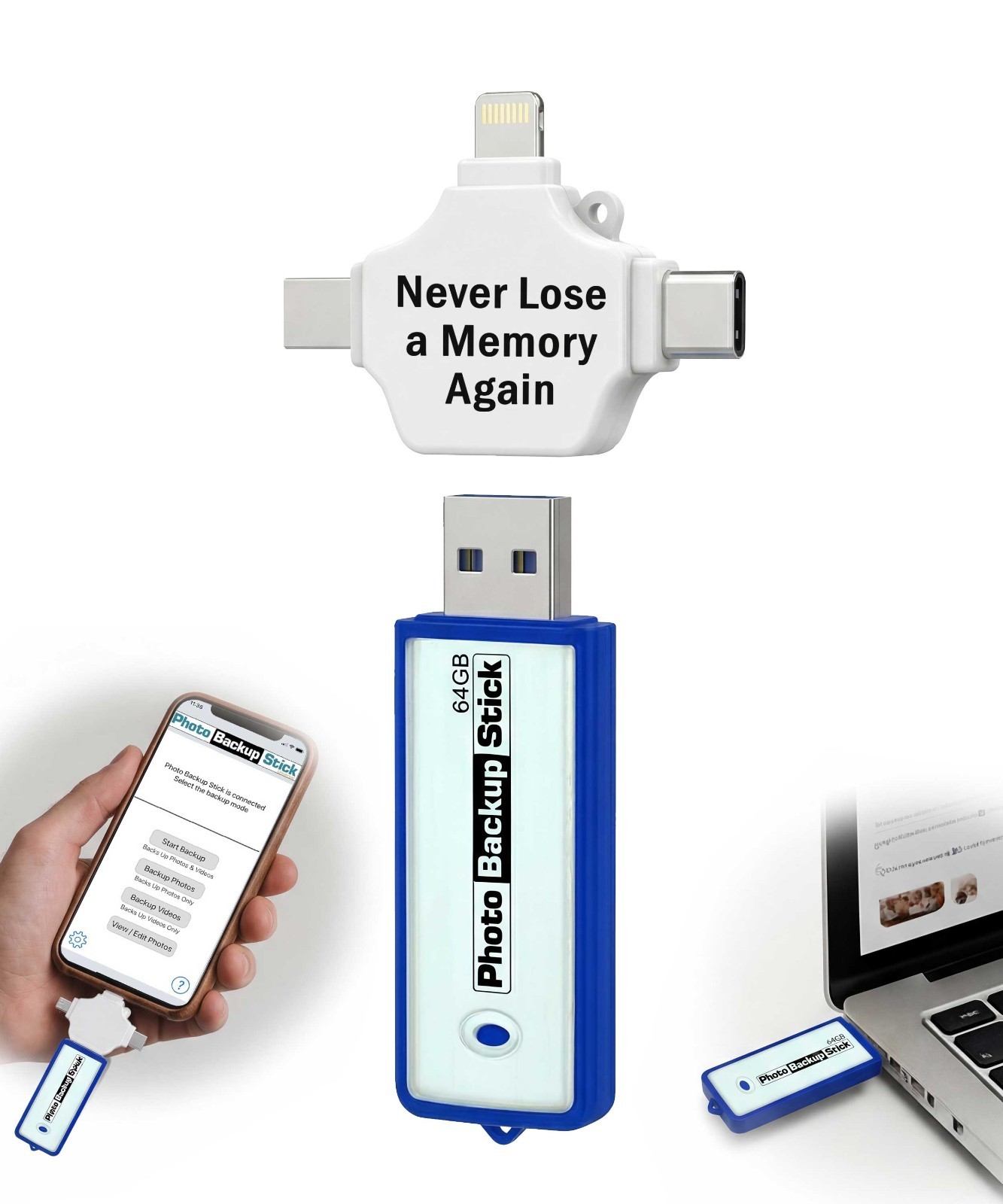 Photo Backup Stick Universal 64GB | Photo Stick for iPhone, Android, & Computers