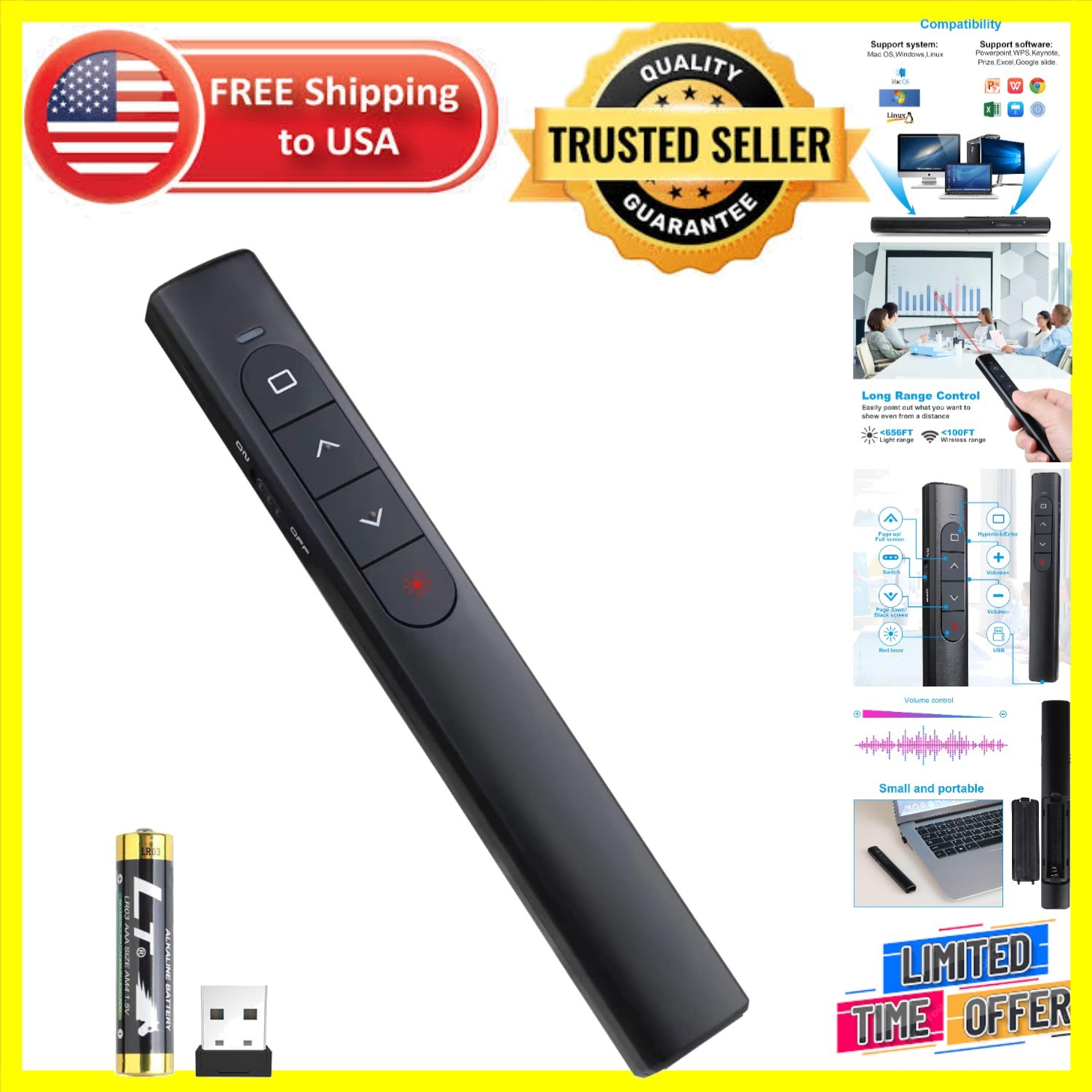 Professional Wireless Presenter – Plug and Play with 100m Range for Speakers