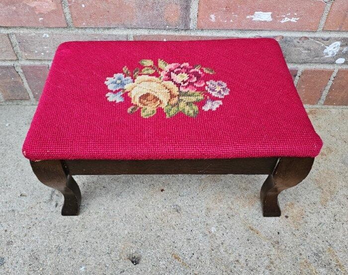 Vintage Walnut Footstool Red Needlepoint Floral Upholstery