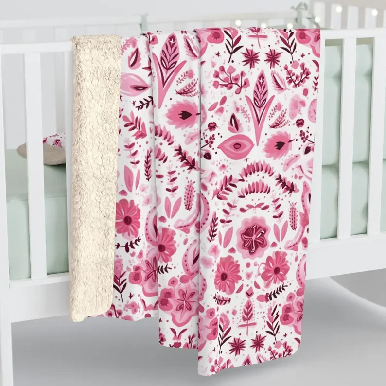 Nordic Pink Floral Pattern Sherpa Blanket Soft Cozy Style