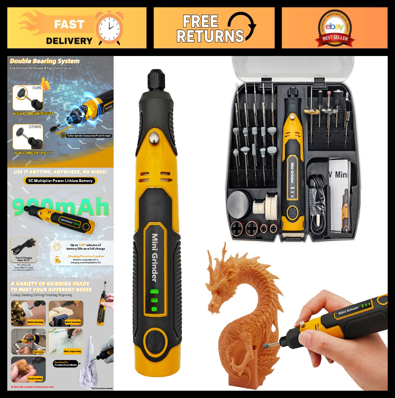 3D Printed Resin Drill Tool Kit - Cordless Electric Rotary Sander with 58 Attach