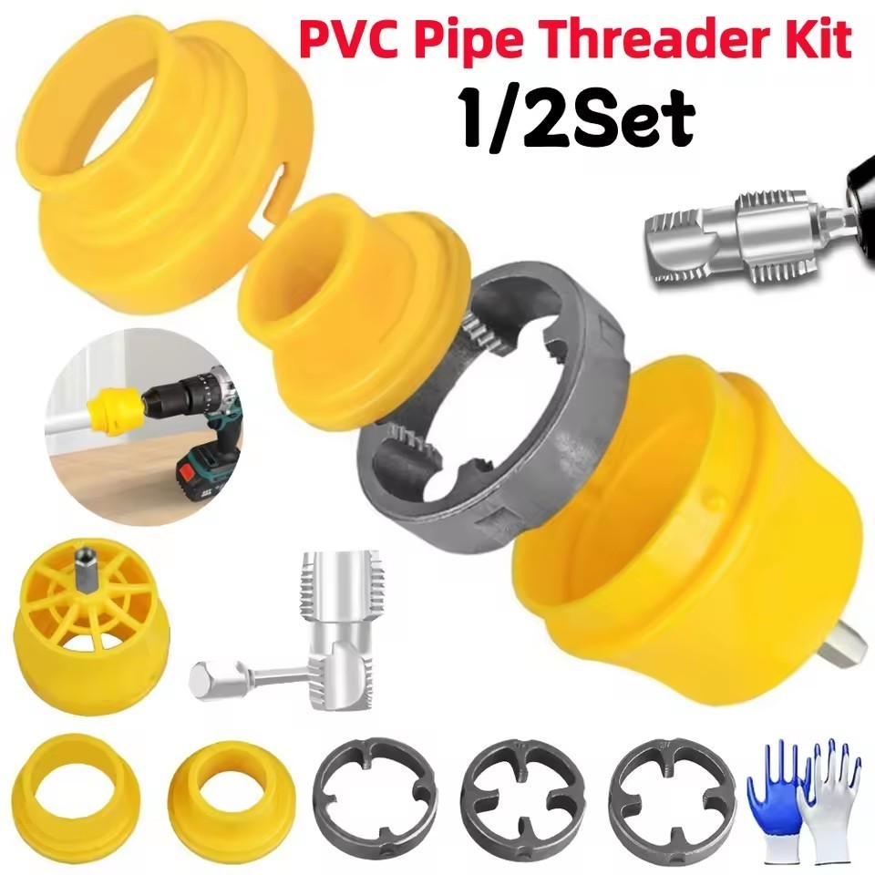 Electric Drill Compatible PVC Pipe Threader Kit with Various Die Sizes