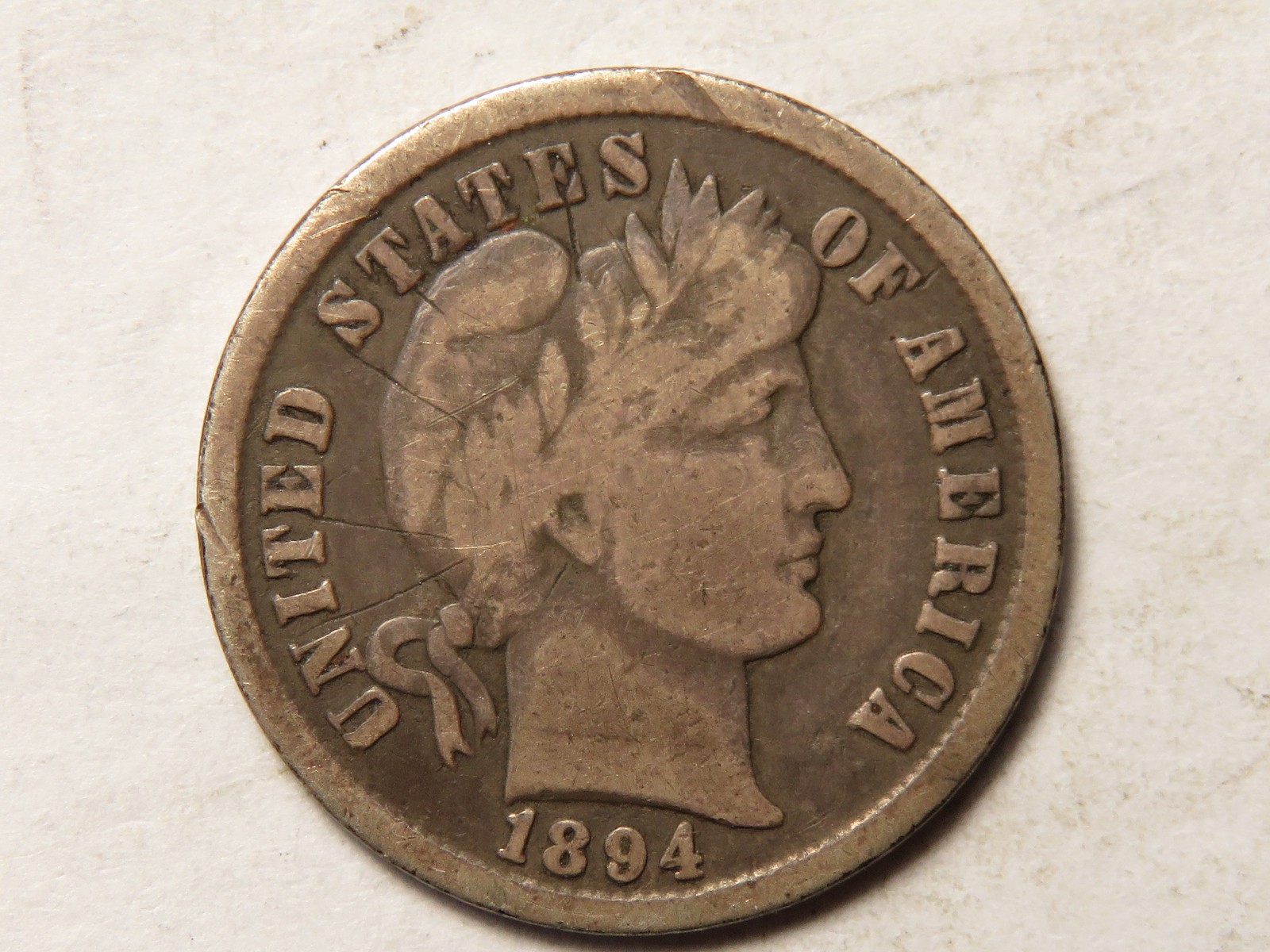 1894-P Barber Dime, Fine, Obverse Scratches