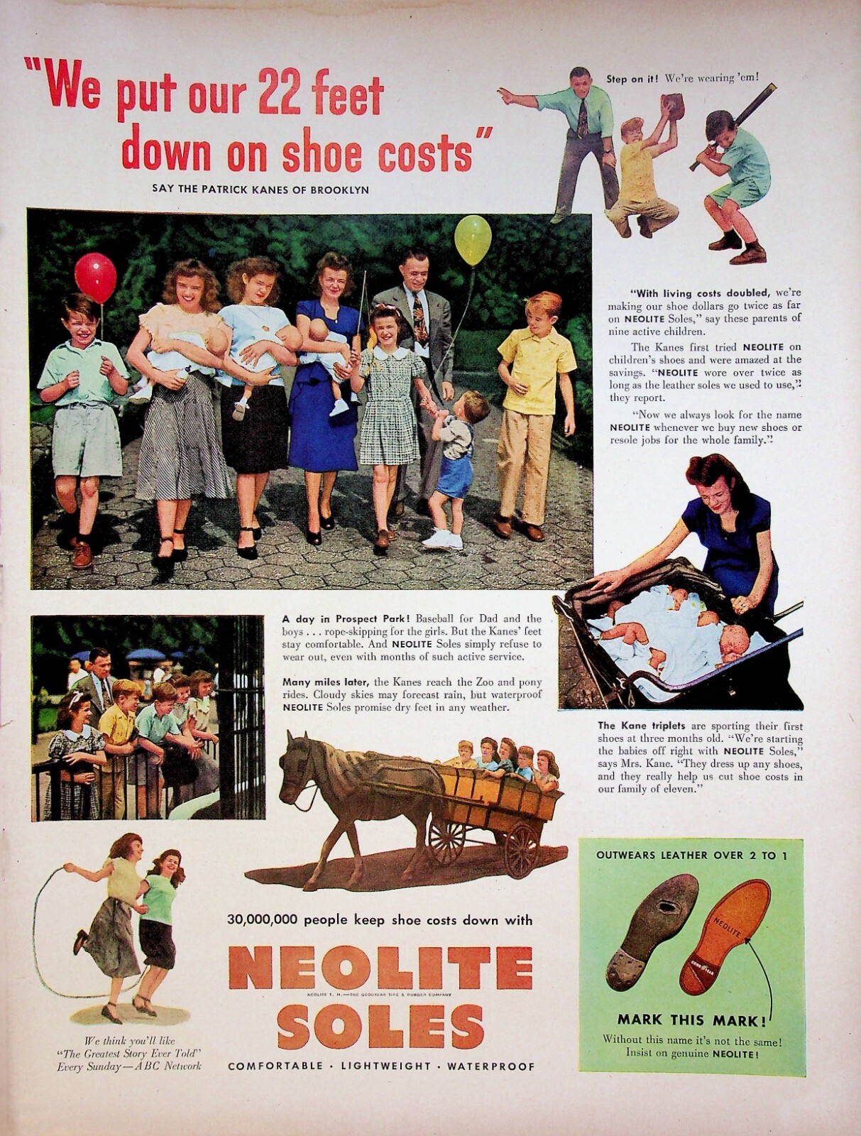 1949 Neolite Shoe Soles Vintage Print Ad 1940s Horse Carriage Triplets Babies