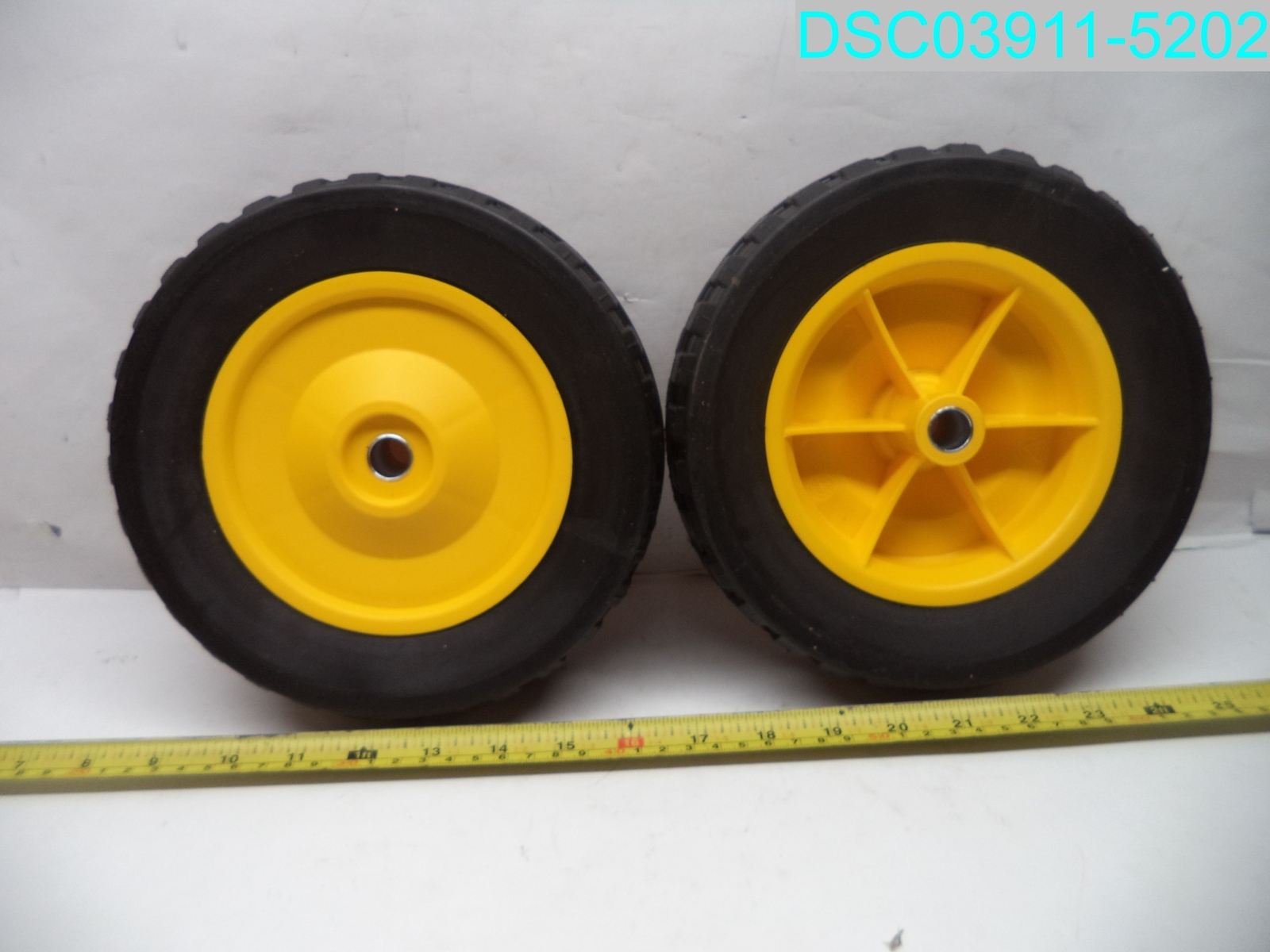 QTY=2: Solid Rubber Yellow And Black Wheels 8-1/4" OD, 9/16" Bore, 2-1/4" Wide