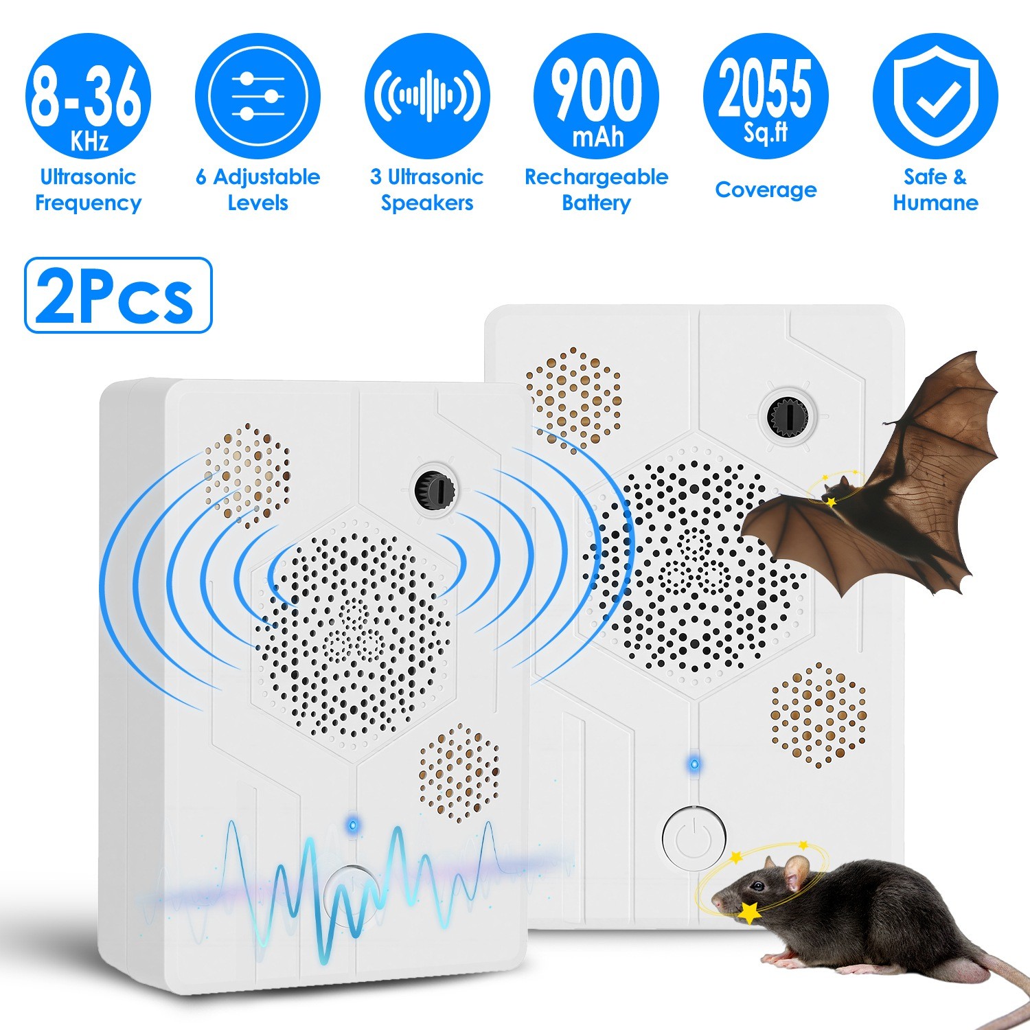 2x Upgraded Rechargeable Ultrasonic Bat Repellent Device for Indoor and Outdoor