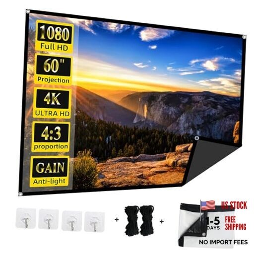 60-Inch Anti-Light Projector Screen, 4K HD 4:3 Portable Outdoor Movie 60 inch