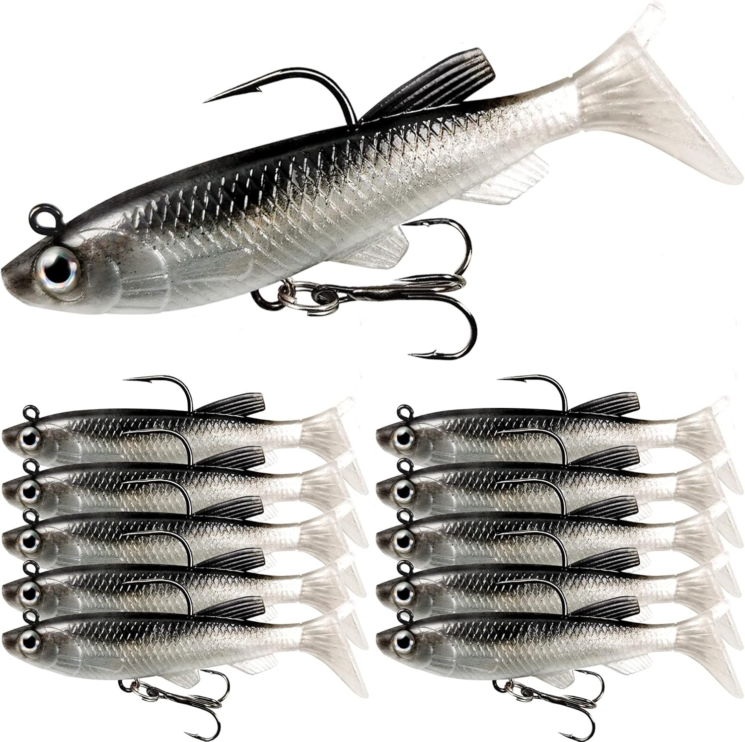 Soft Shad Minnow Fishing Lures 10PCS–Pre-Head Swim Baits for Sea Bass Trout