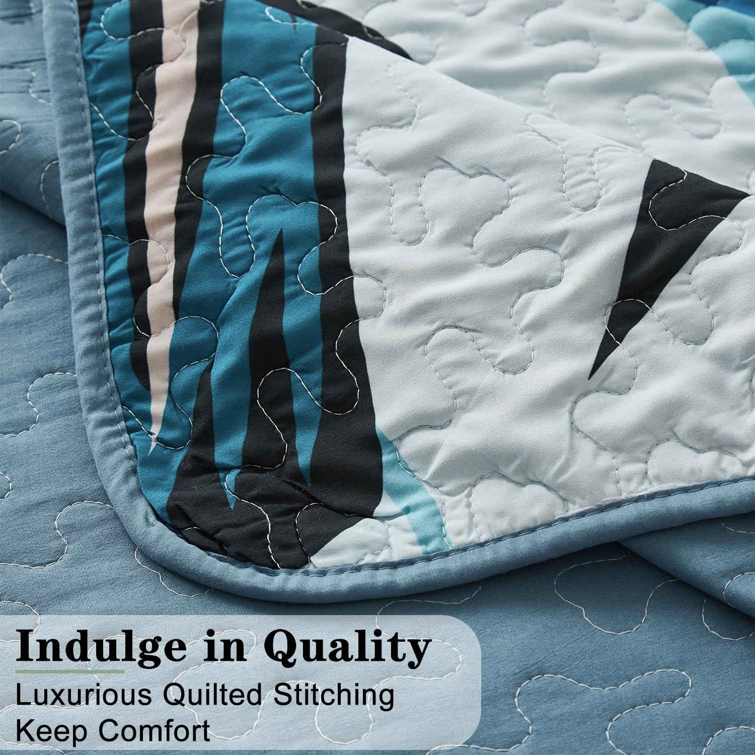 Yogeneg Queen Quilt Bedding Set,White Green Botanical Pattern Light Blue Full/Qu