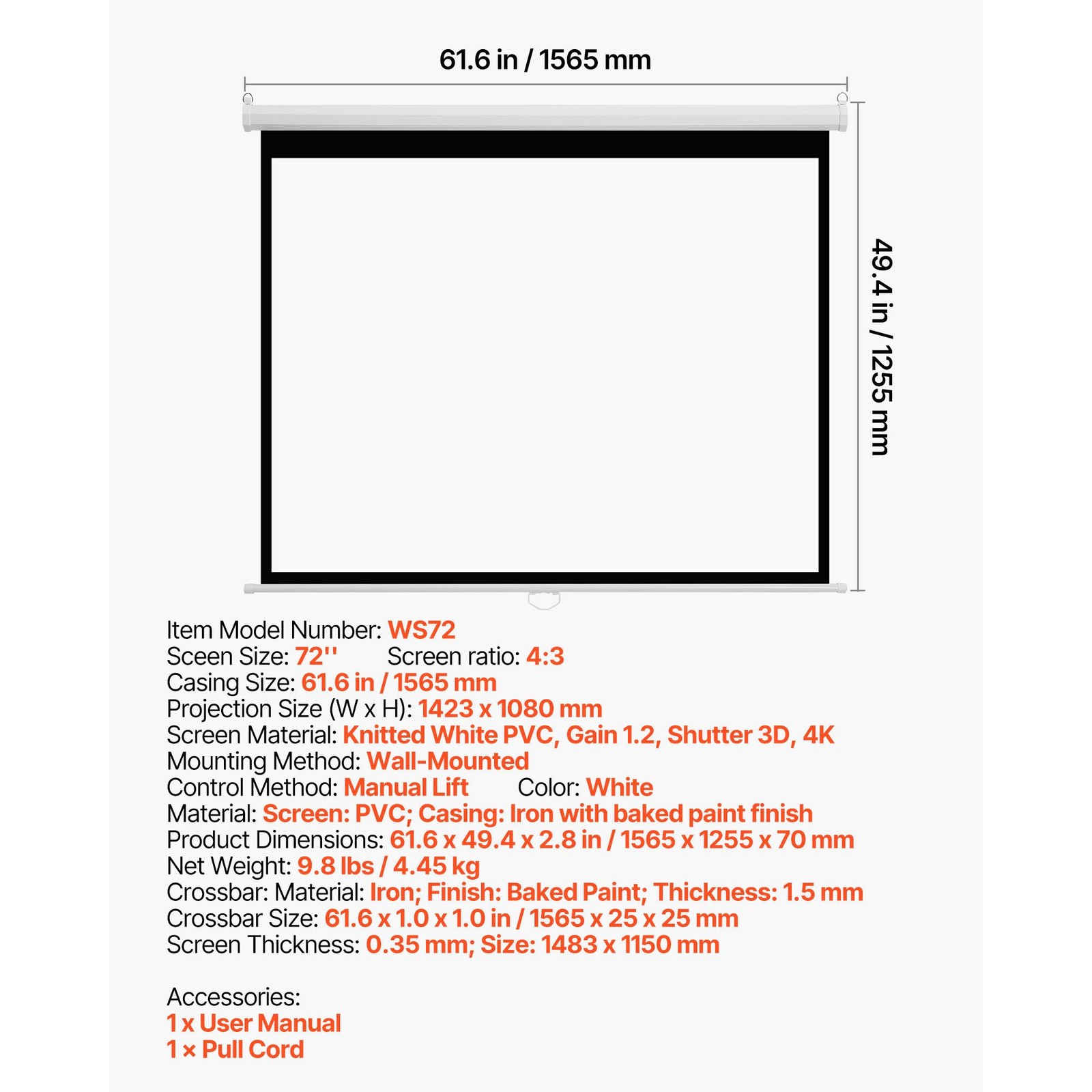 72in Retractable Projector Screen 4:3 HD Pull-Down Wall Mount