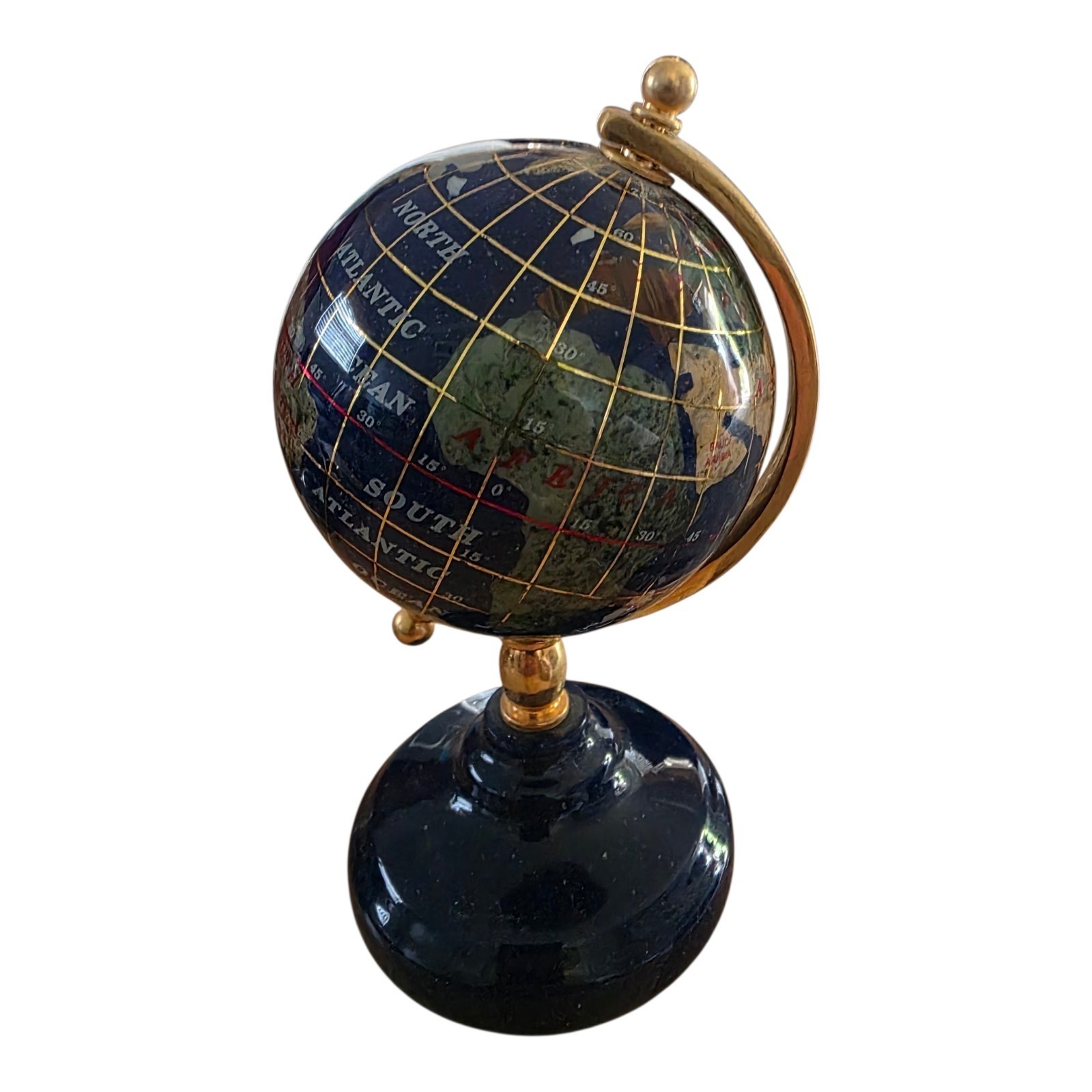 Blue Lapis Semi-Precious Gemstone Tabletop Globe Gold Stand 5.5"
