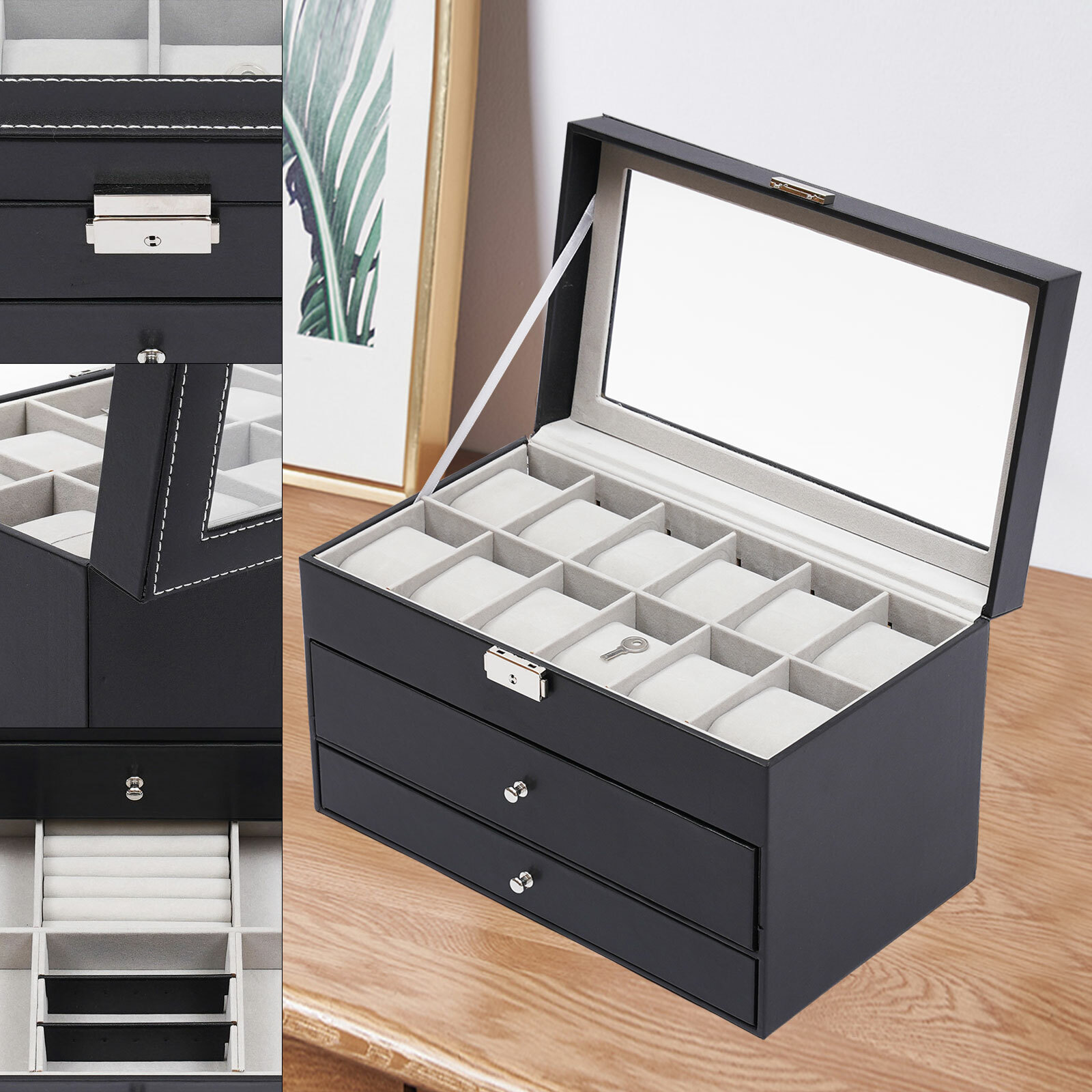 Multi-Purpose Organizer Box W/Glass Top Watch Display Box & Jewelry Storage Case