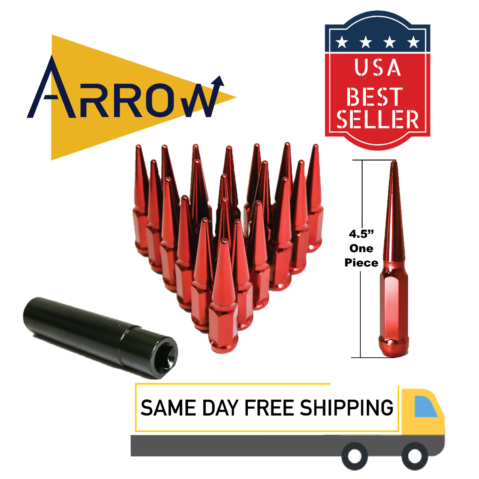 24x 4.5" Tall Red M14x1.5 Spike Lug Nuts & Key Fit Ram 1500