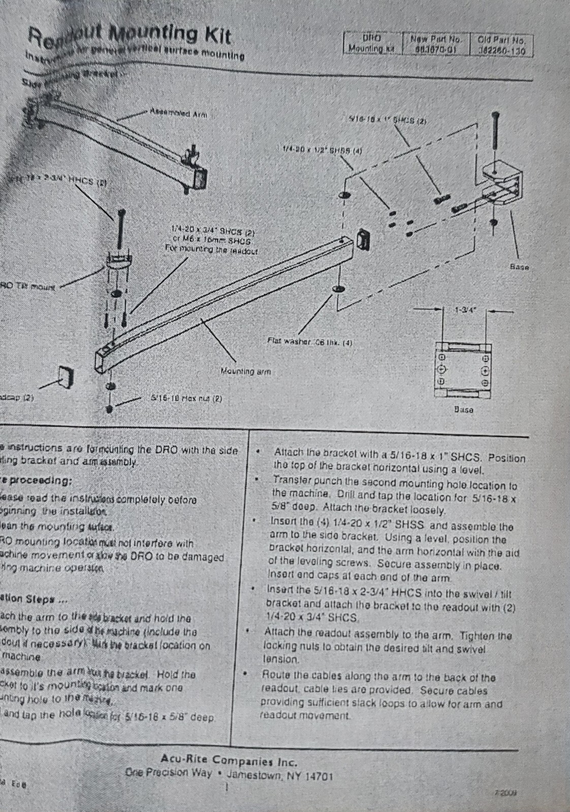 Acu-Rite #683670-01 DRO Mounting Arm